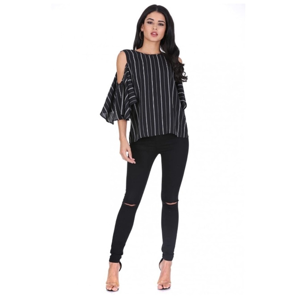 AX Paris Cold Shoulder Black Striped Top 8 Medium